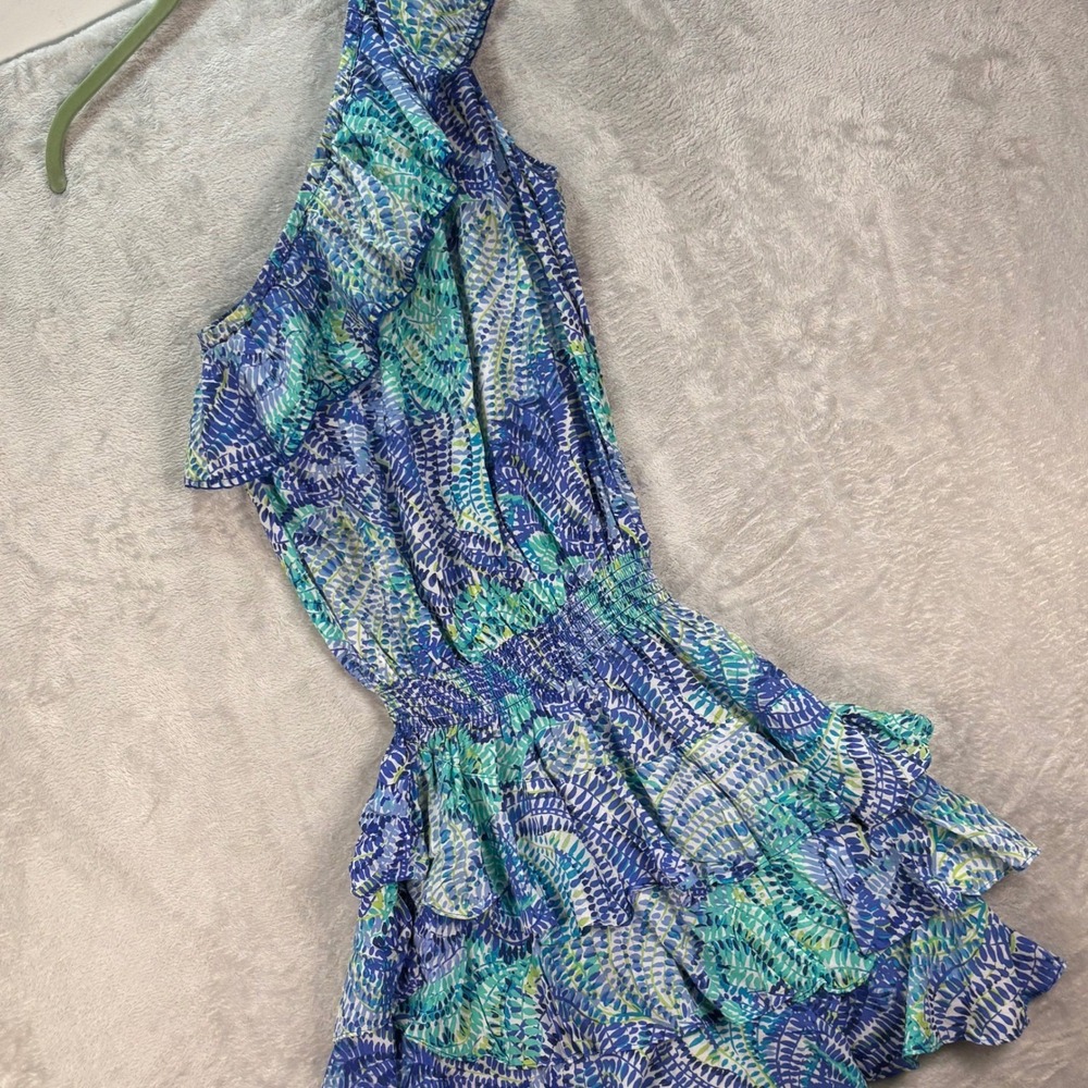Lilly Pulitzer Women's One Shoulder Ruffle Dress Blue Green Tropical Print Sz S